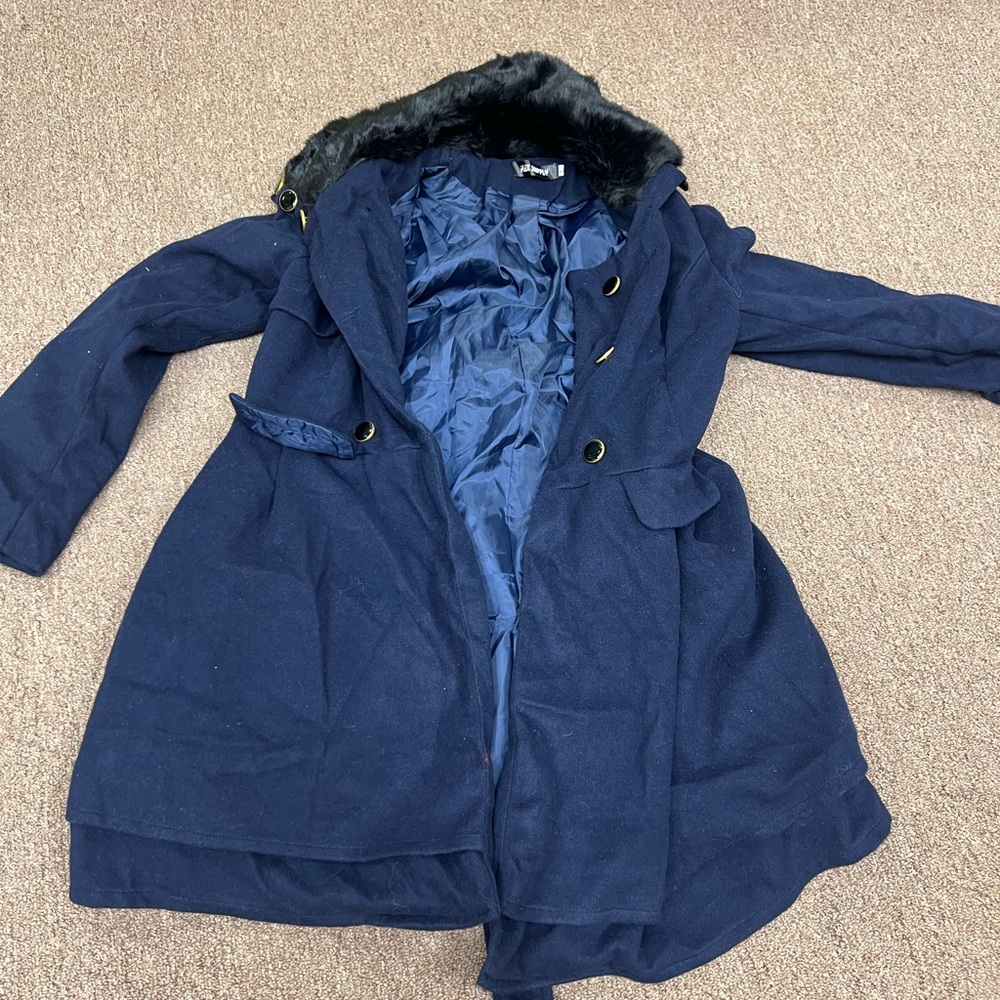 Black Faux Fur Trim Navy Coat